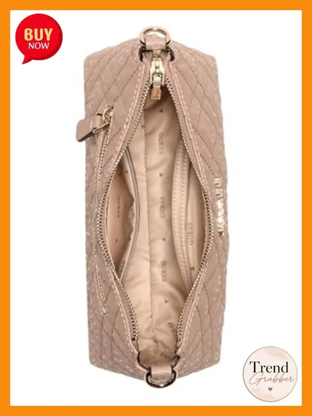 Satchel Shoulder Bag with Removable Charm - Zip & Slip Pockets, Shiny Gold